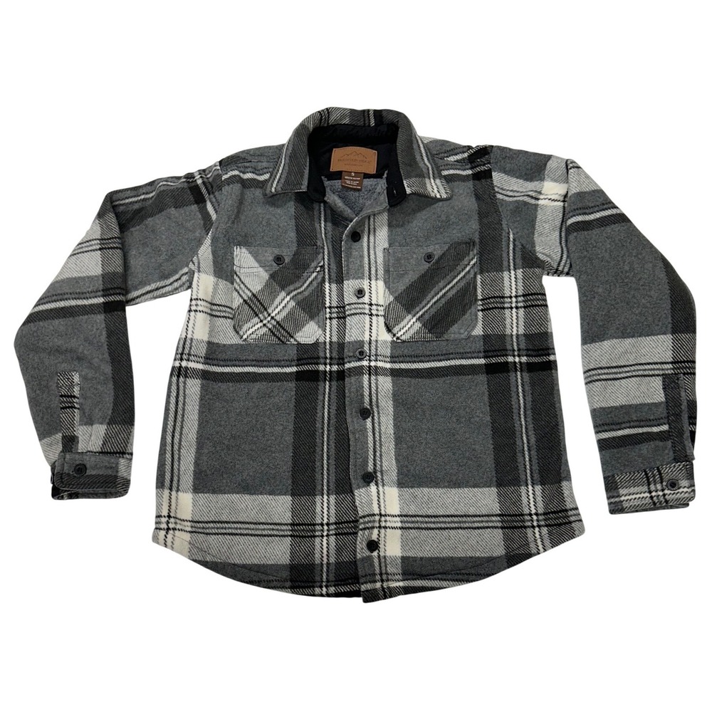 Mountain Ridge Flannel Shirt Jacket Gray Plaid Sherpa Lined Outdoor Small Mens